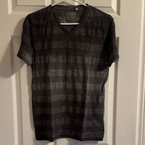 GUESS Men’s Black & Charcoal Striped V‑Neck Tee